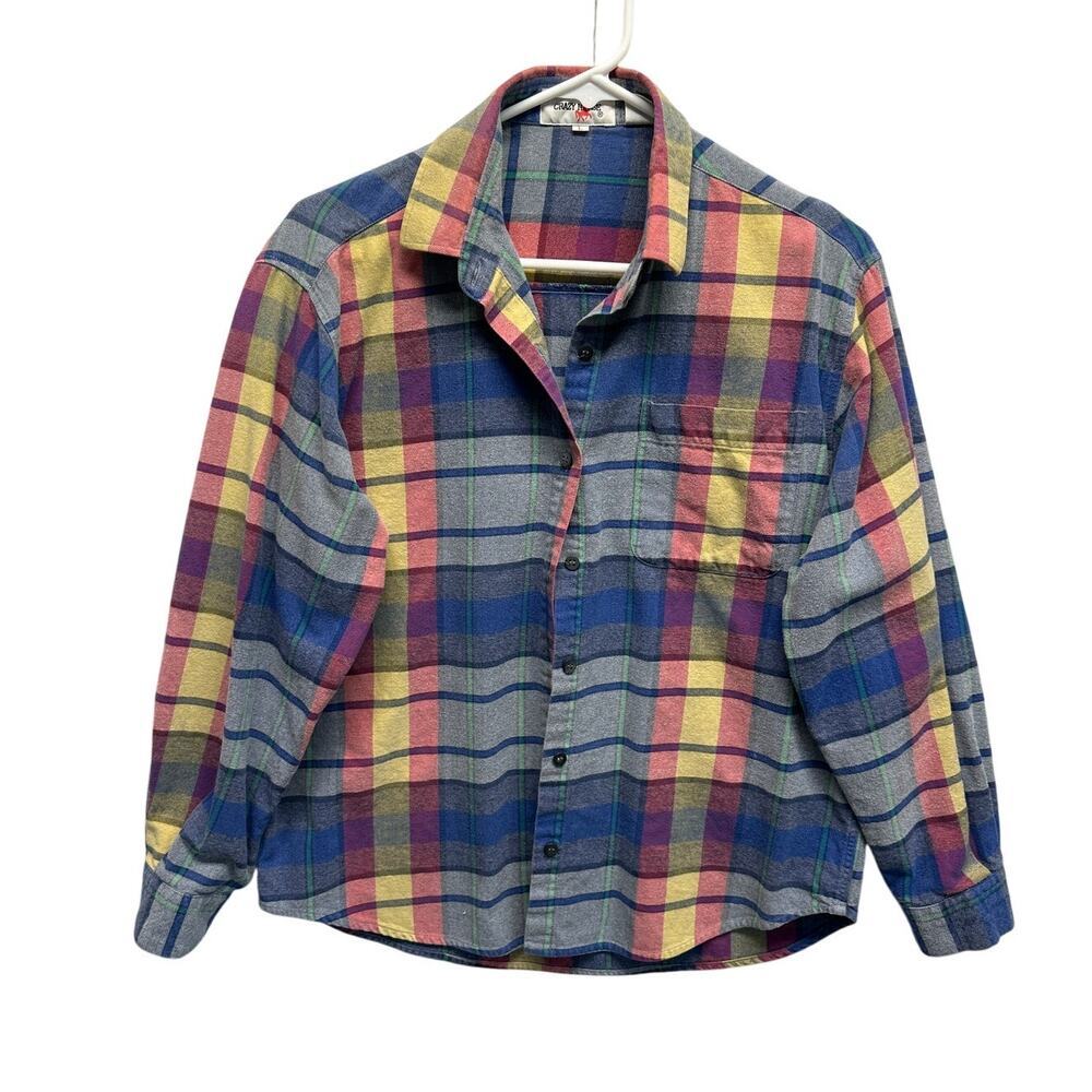 Vintage Crazy Horse Plaid Flannel Women Shirt L 100% Cotton L Lagenlook